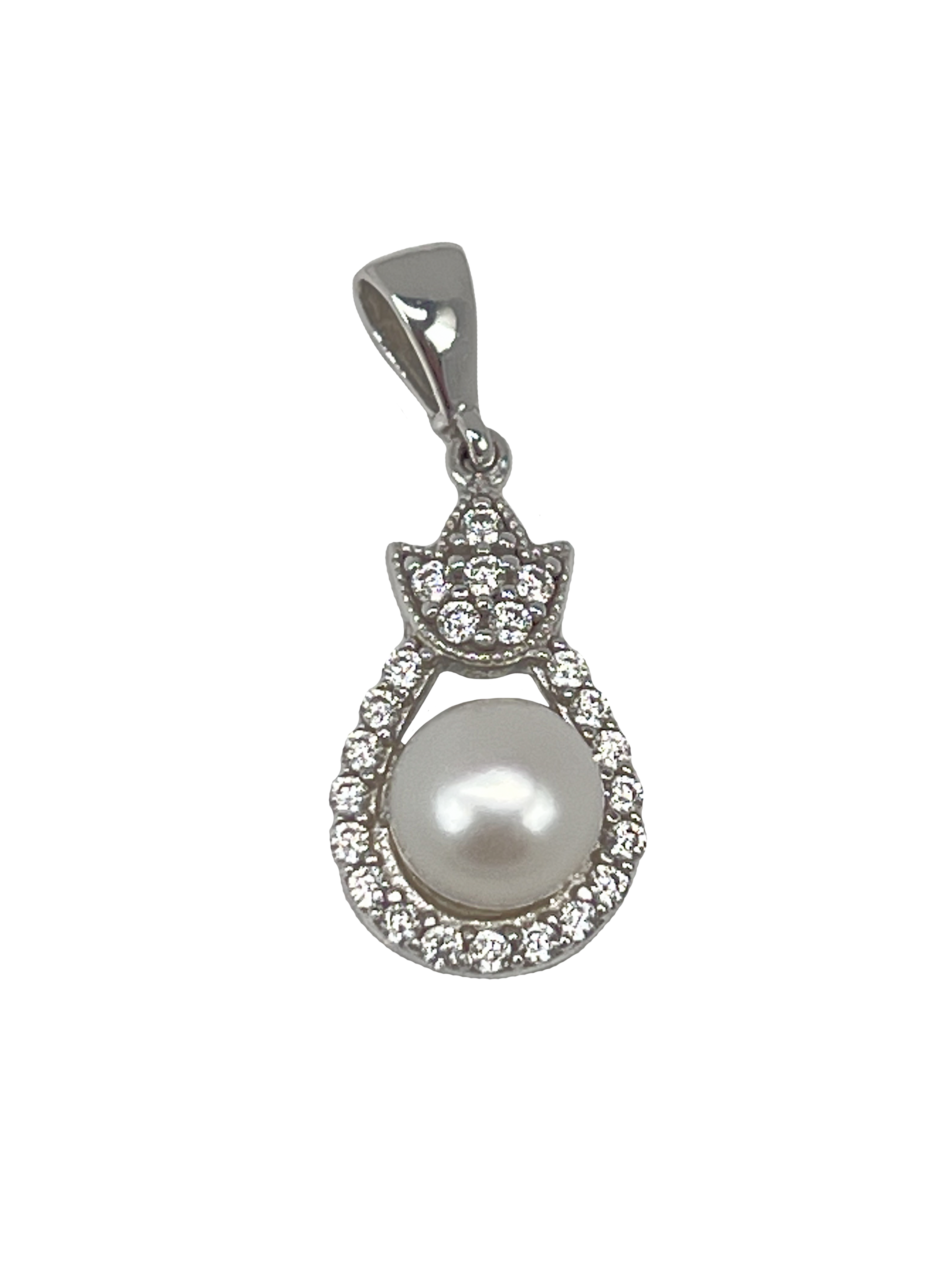 Golden pendant made of white gold with a pearl and zircons