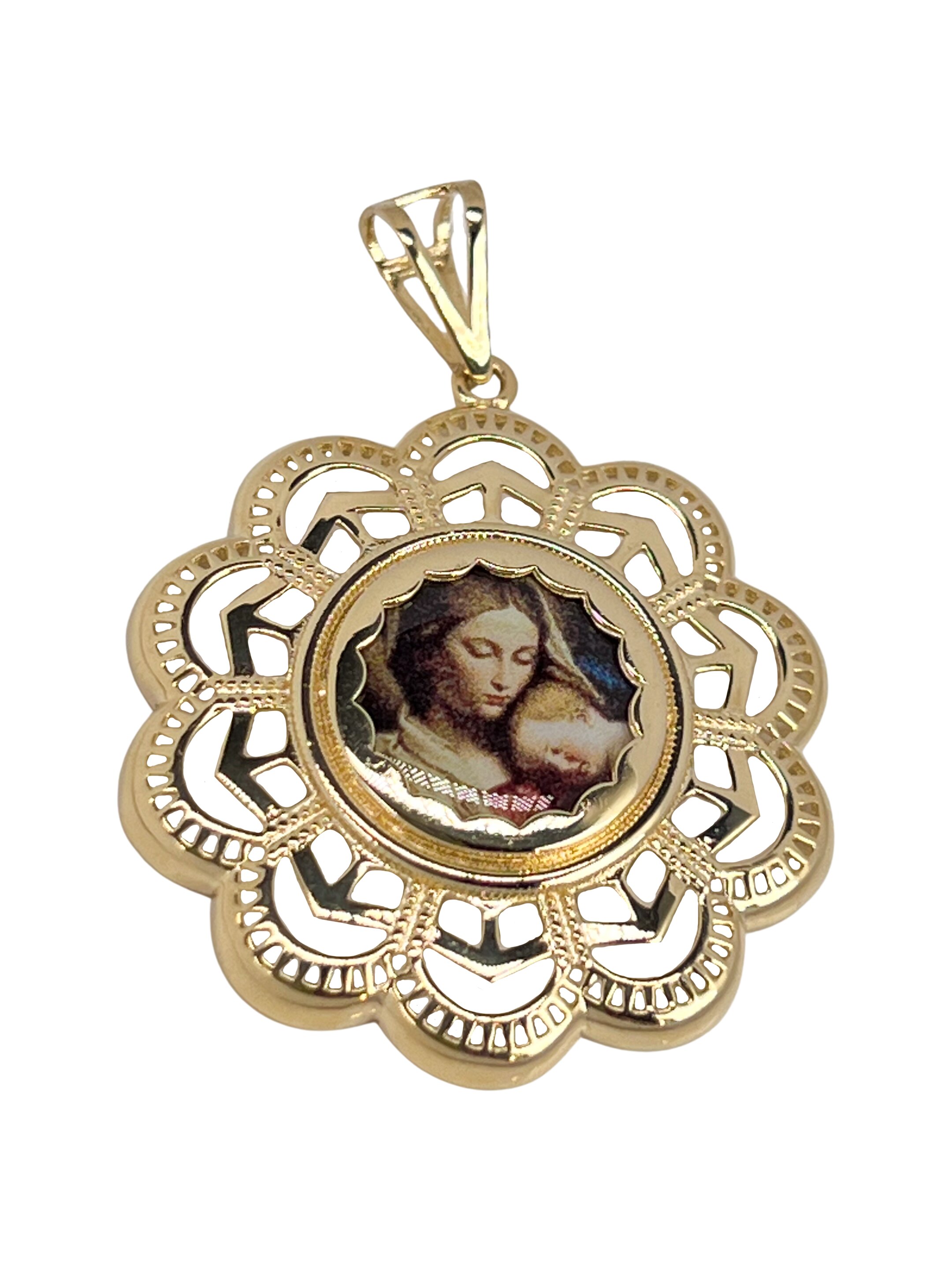 Golden round pendant colored Madonna with child