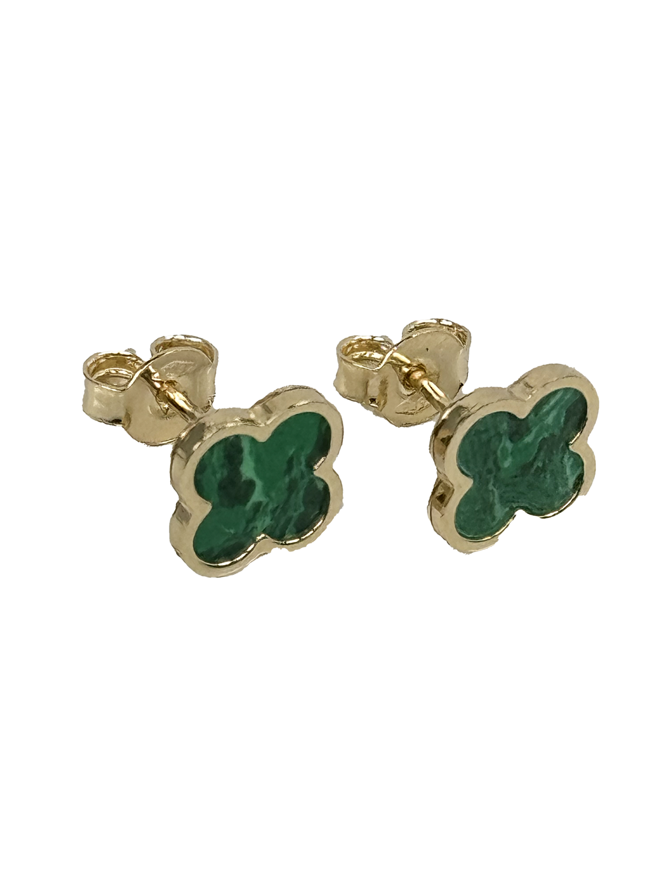 Goldene Ohrringe mit vier Blättern aus grünem Malachit