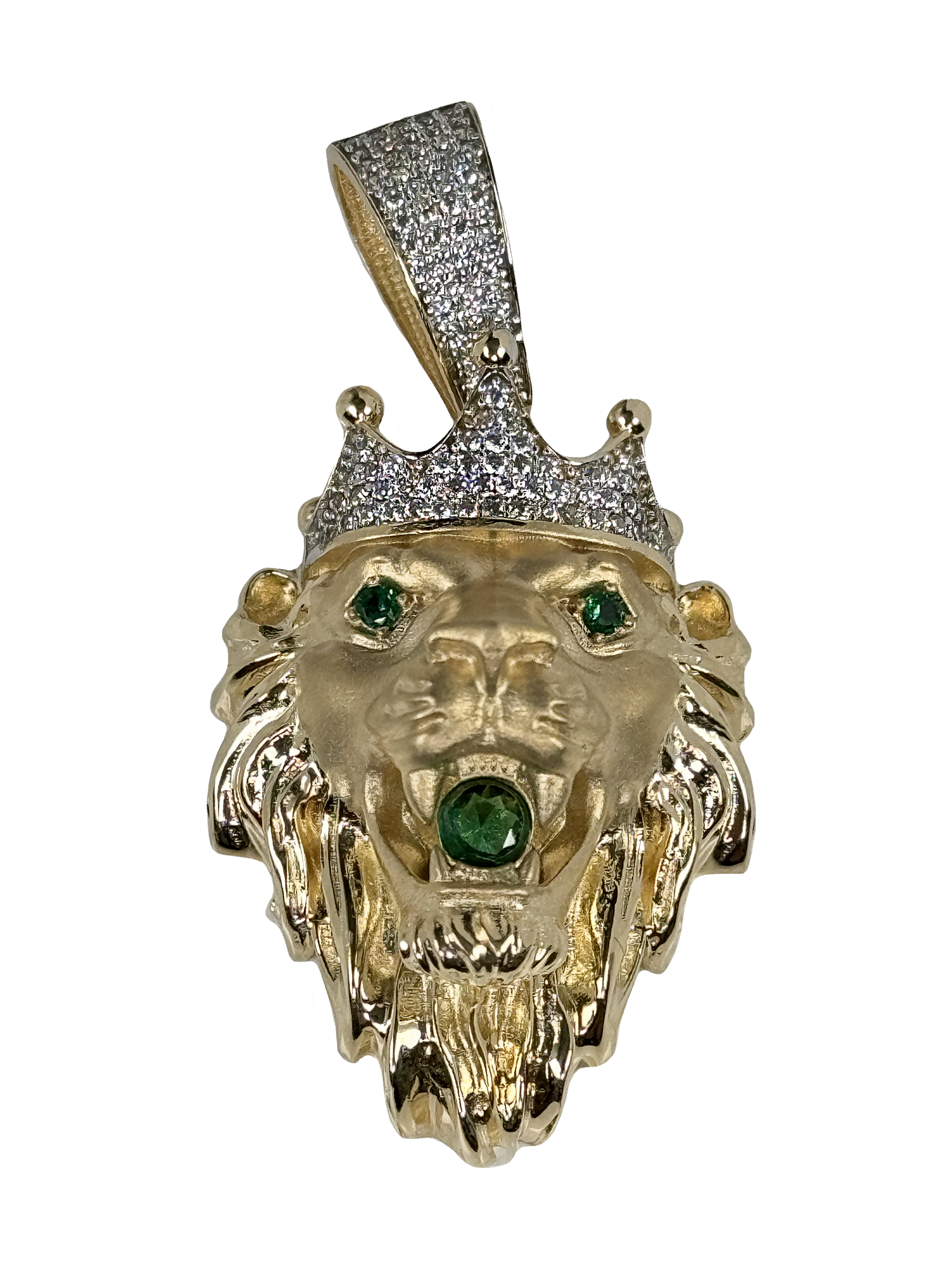 Guld lejonteckenhänge med krona och gröna zirkoner