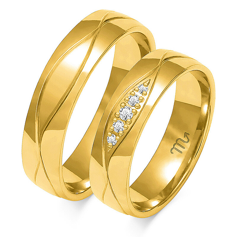 Įvairiaspalviai blizgantys vestuviniai žiedai su penkiais akmenimis