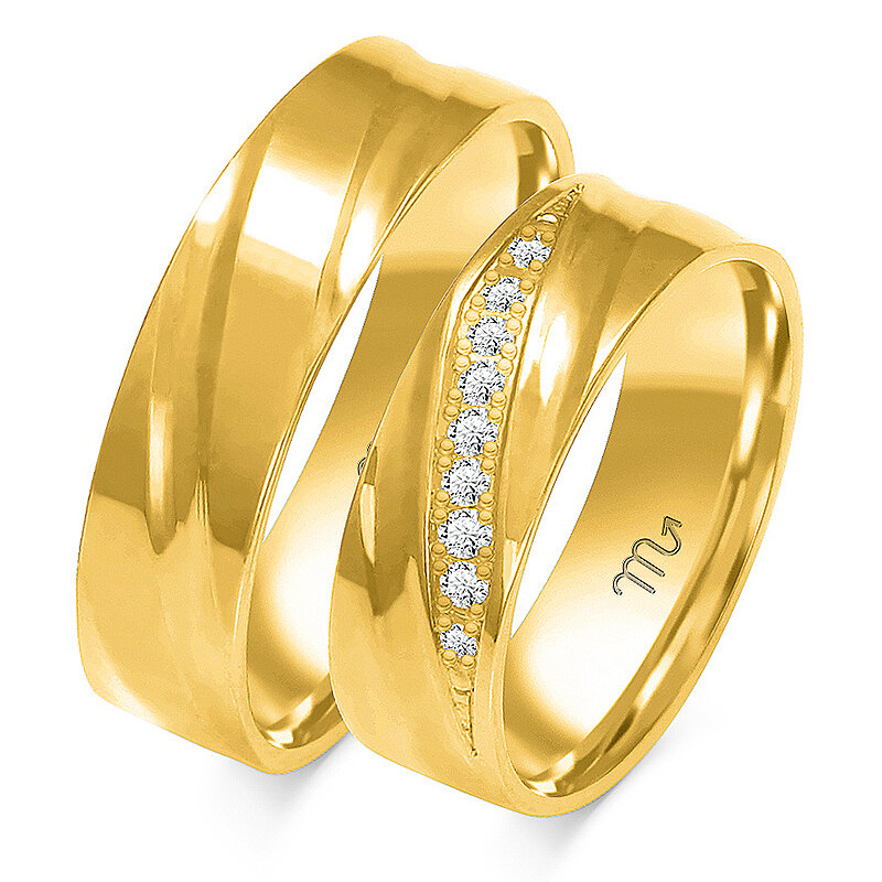 Įvairiaspalviai blizgūs vestuviniai žiedai plokščiu profiliu