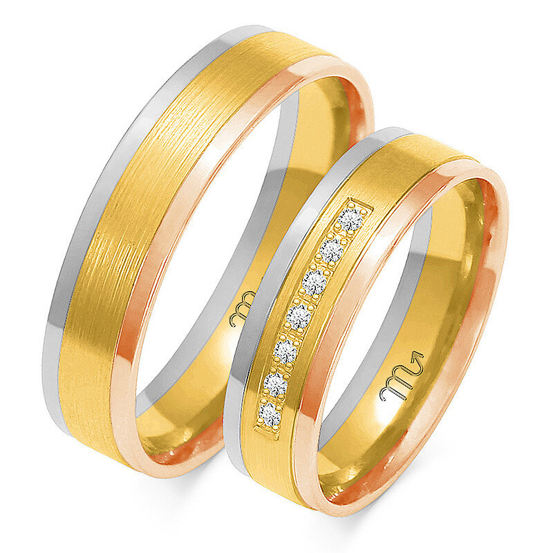 Įvairiaspalviai matiniai vestuviniai žiedai su blizgančiomis linijomis
