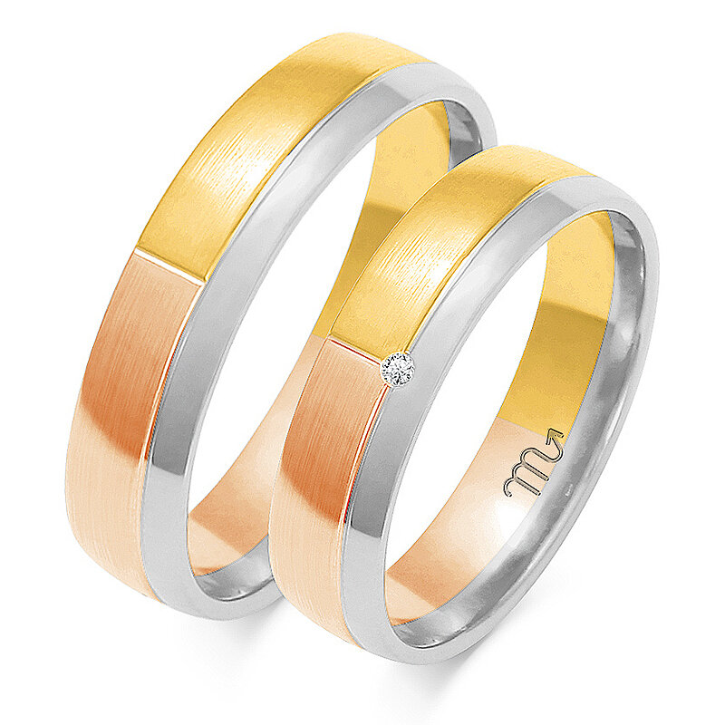 Įvairiaspalviai matiniai vestuviniai žiedai su blizgia linija