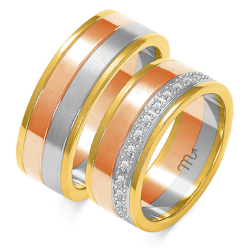 Įvairiaspalviai vestuviniai žiedai su matinėmis ir blizgančiomis linijomis