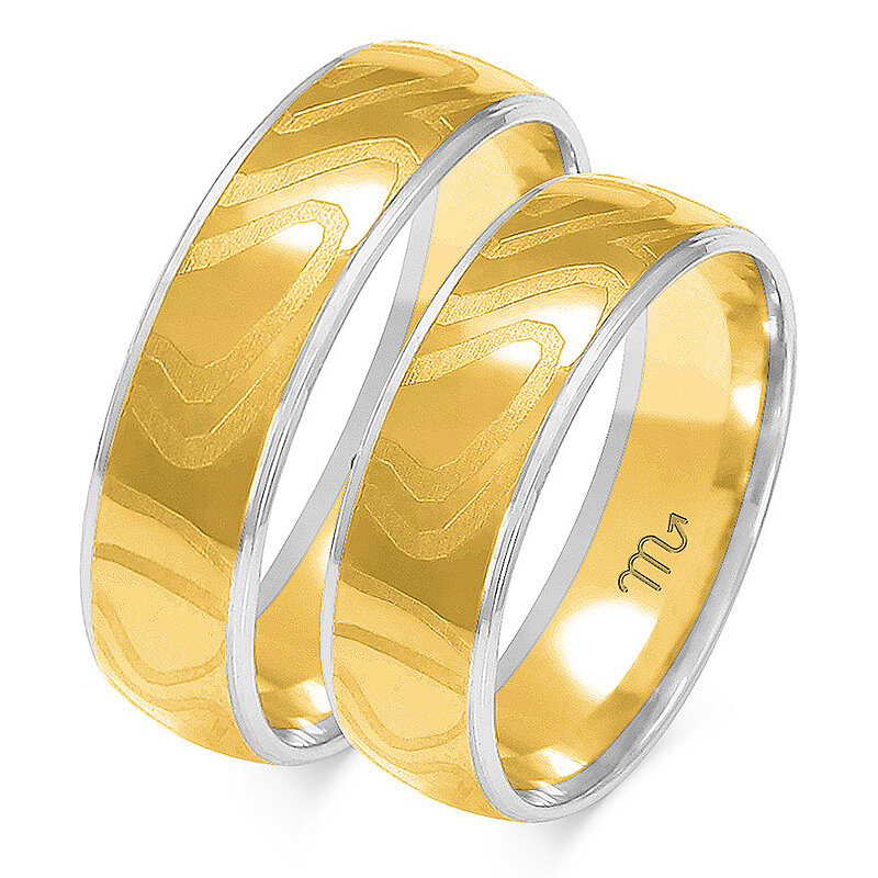Kombinuoti vestuviniai žiedai su matiniais raštais