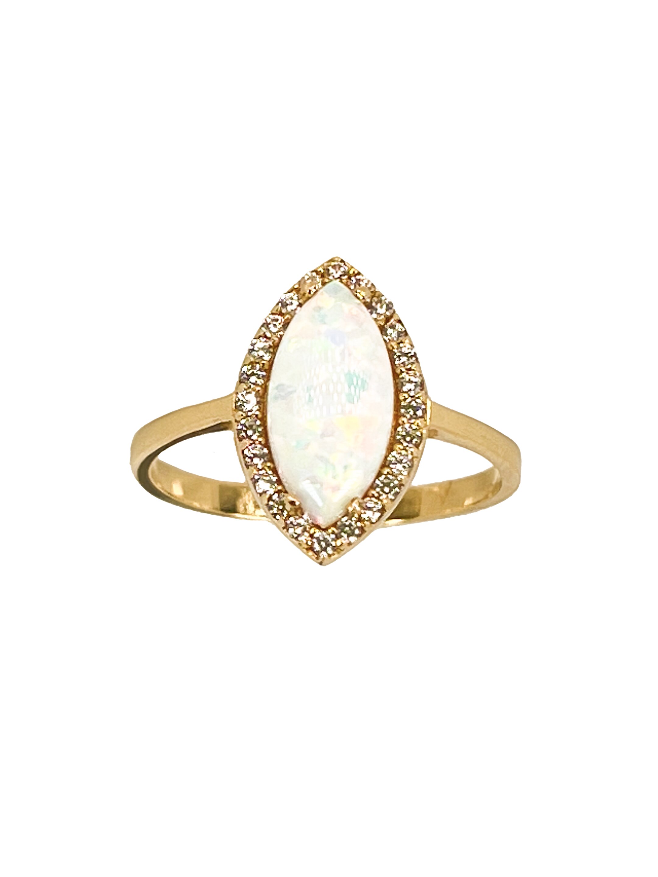 Läikiv kuldne sõrmus tsirkoonide ja opaaliga