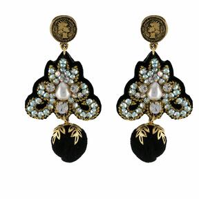LINDA'S DREAM Ab crystal earrings with black pompom and gold elements
