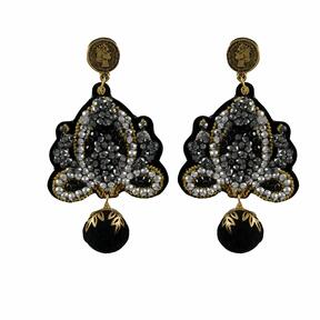 LINDA'S DREAM black and white earrings with a black pom-pom and gold elements