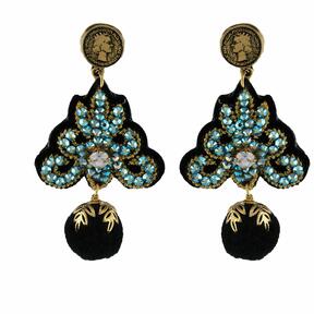 LINDA'S DREAM blue earrings with a black pom-pom and gold elements