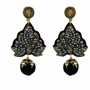 LINDA'S DREAM gray earrings with a black pom-pom and gold elements