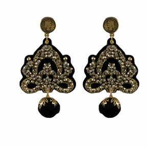 LINDA'S DREAM gray earrings with black pompoms and gold elements