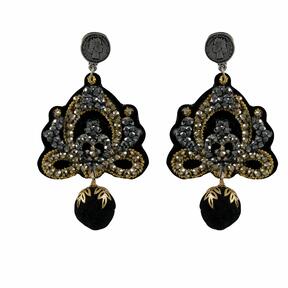 LINDA'S DREAM gray earrings with black pompoms and gold elements