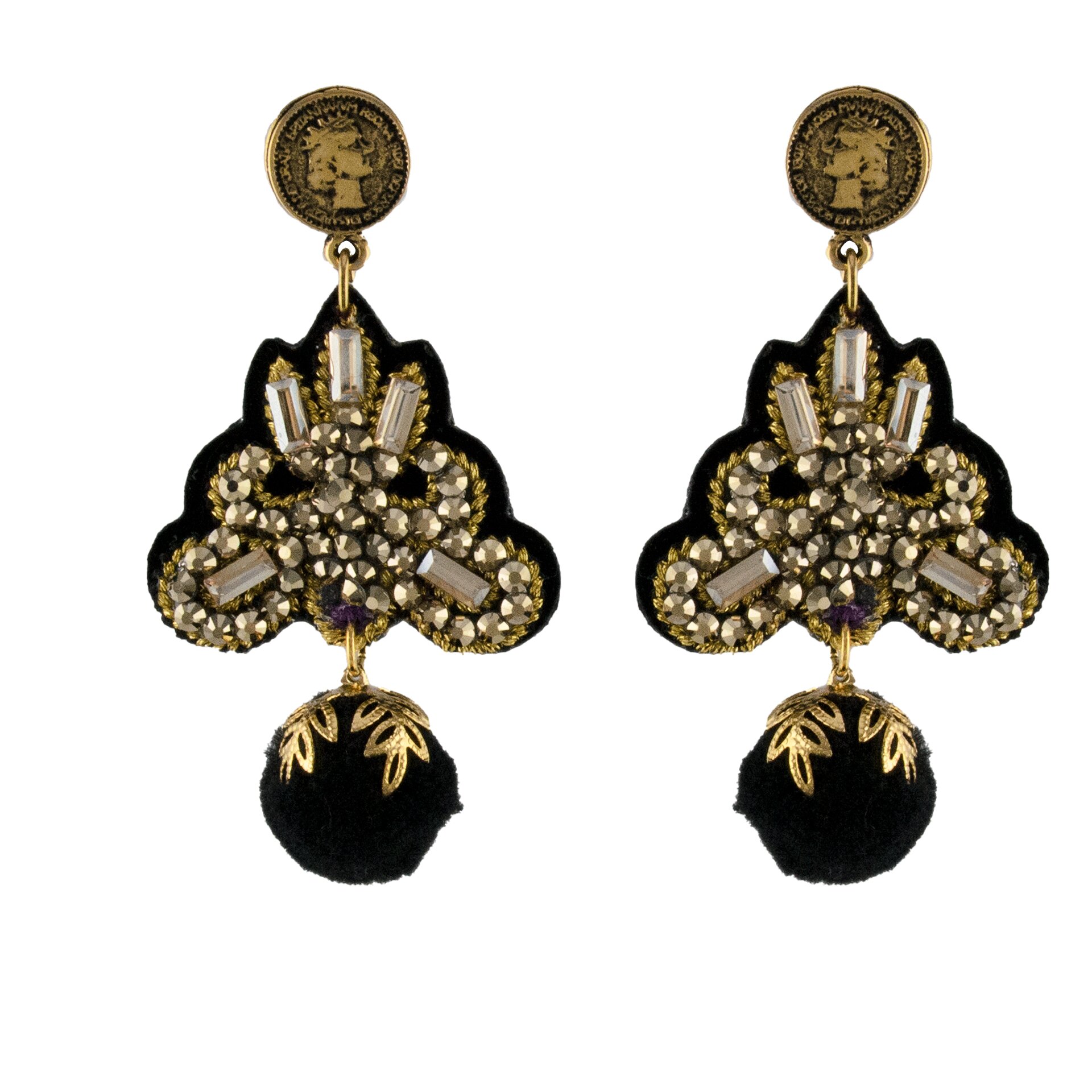 LINDA'S DREAM guldörhängen med en svart pom-pom och gulddetaljer