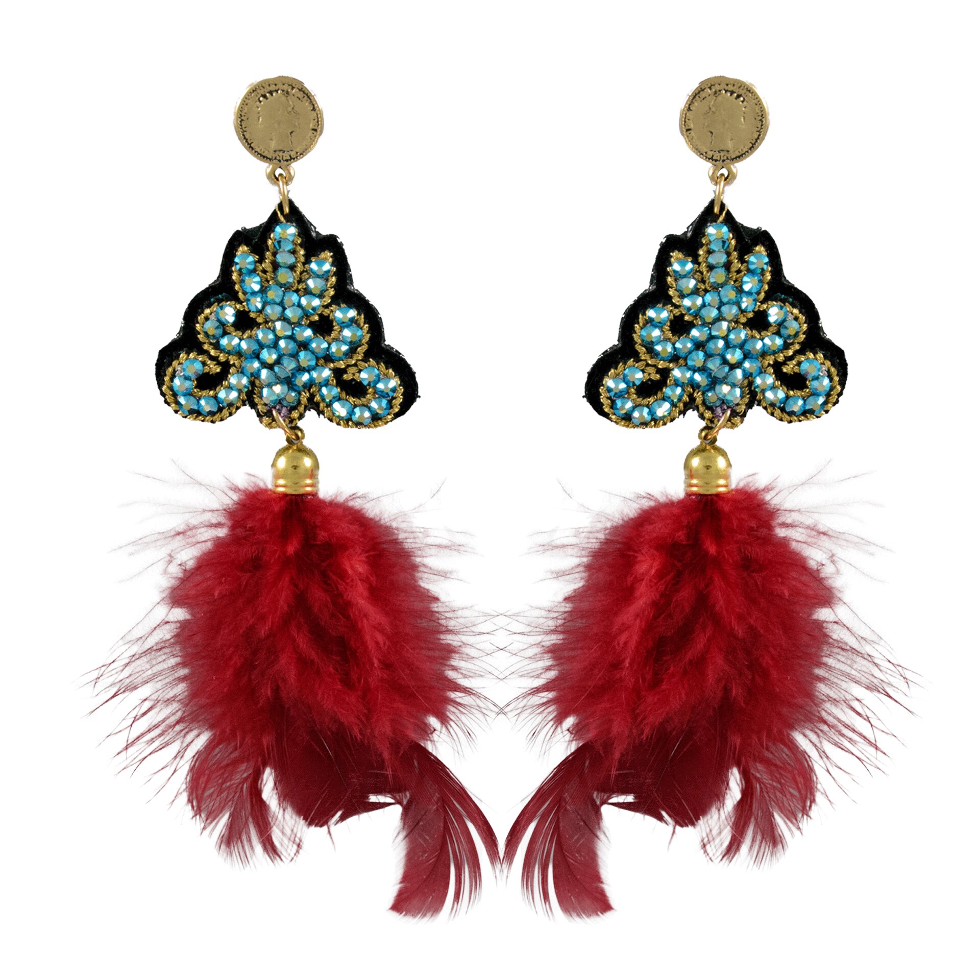 LINDA'S DREAM mėlyni auskarai su raudonomis plunksnomis