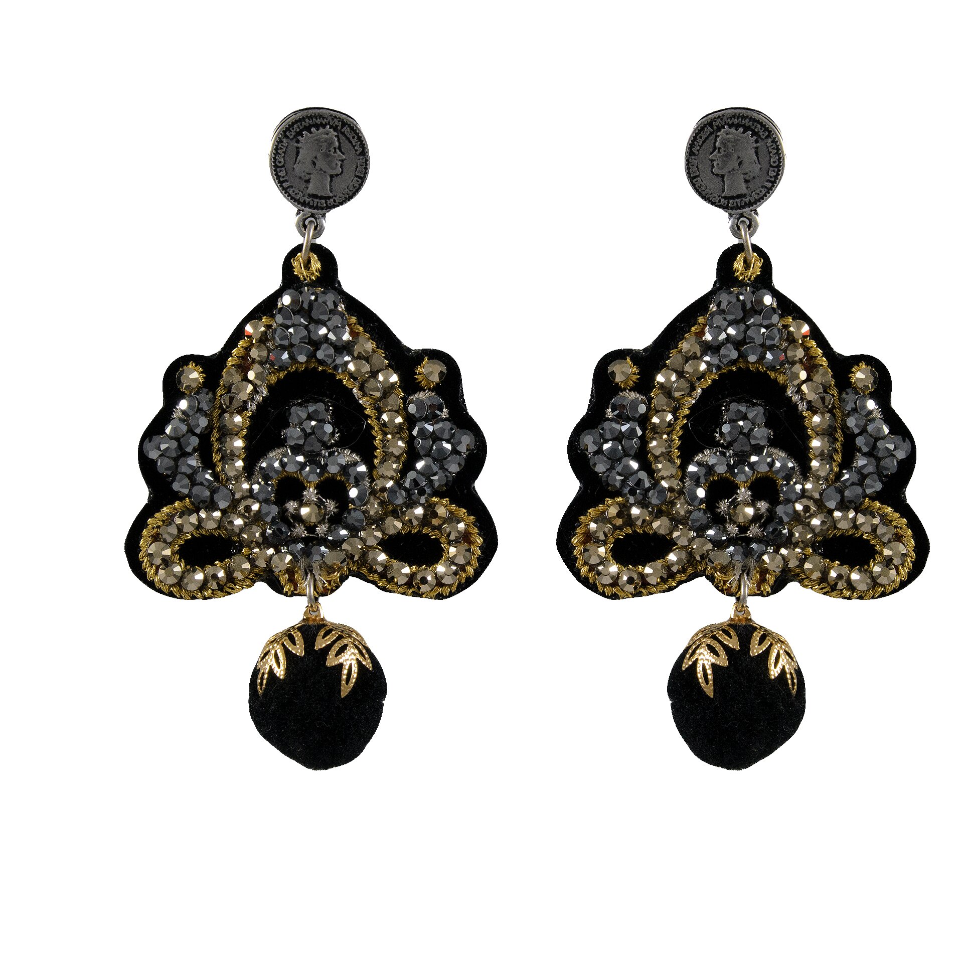 LINDA'S DREAM pilki auskarai su juodais pomponais ir aukso elementais