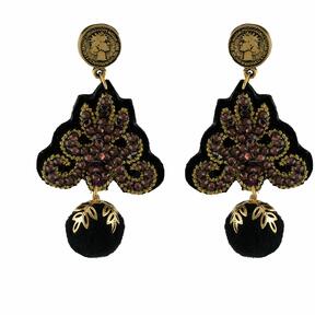 LINDA'S DREAM red earrings with a black pom-pom and gold elements