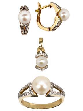 Luksusa zelta komplekts ar pērlēm un cirkoniem