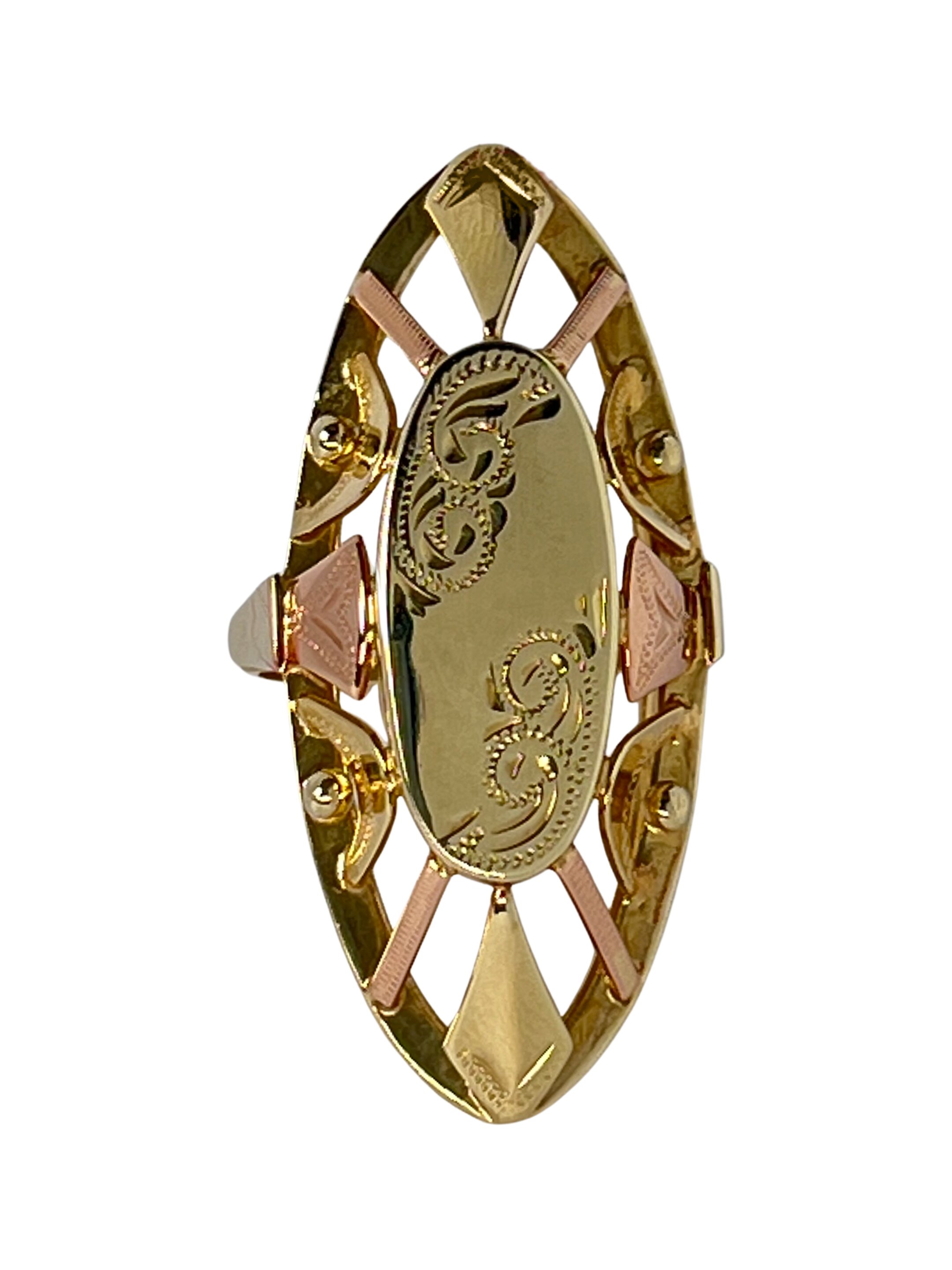 Masīvzelta divkrāsu gredzens ar baroka II gravējumu.