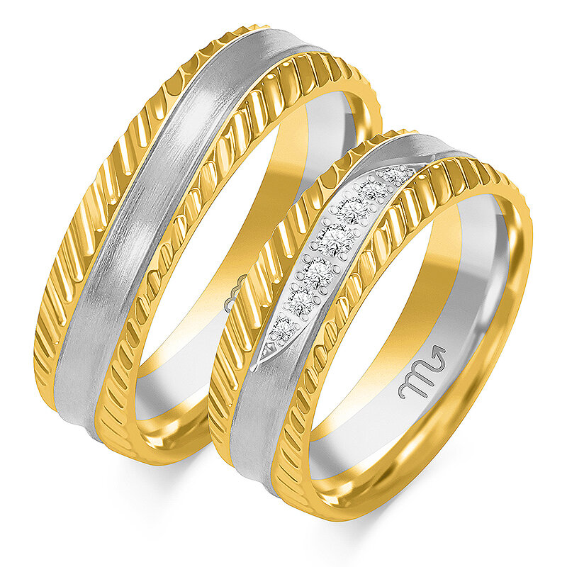 Matiniai vestuviniai žiedai su bangelėmis ir kalnų krištolais