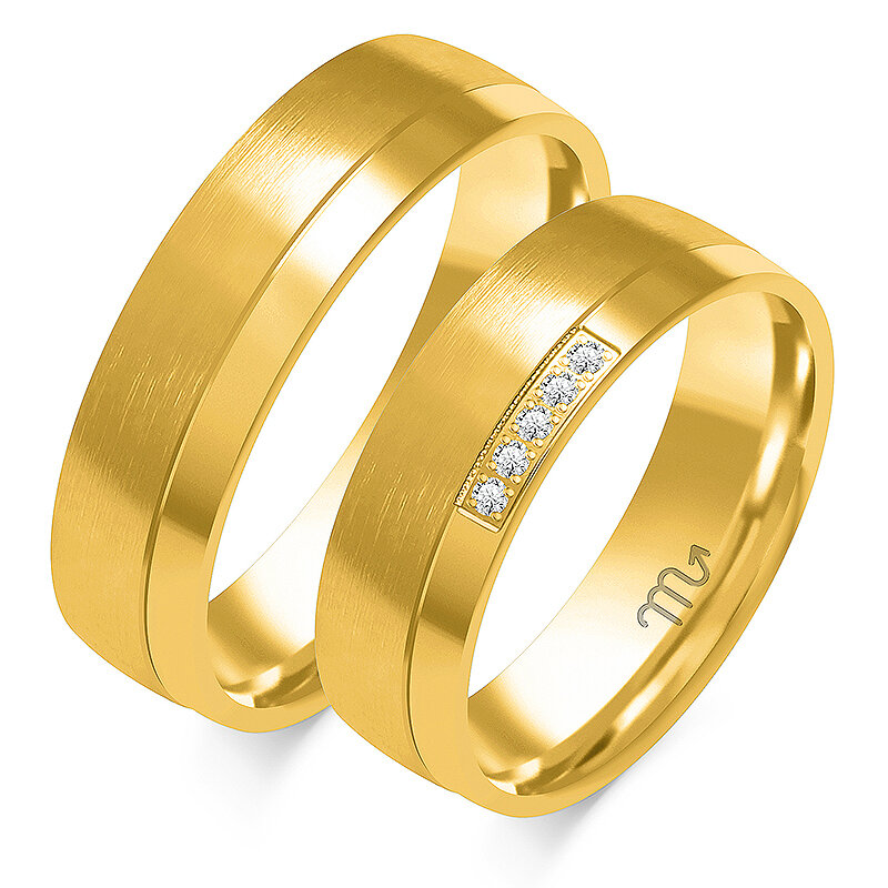 Matiniai vestuviniai žiedai su blizgančia linija ir penkiais akmenukais
