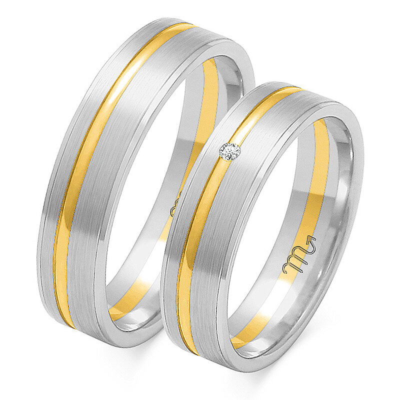 Matiniai vestuviniai žiedai su blizgia linija su akmeniu