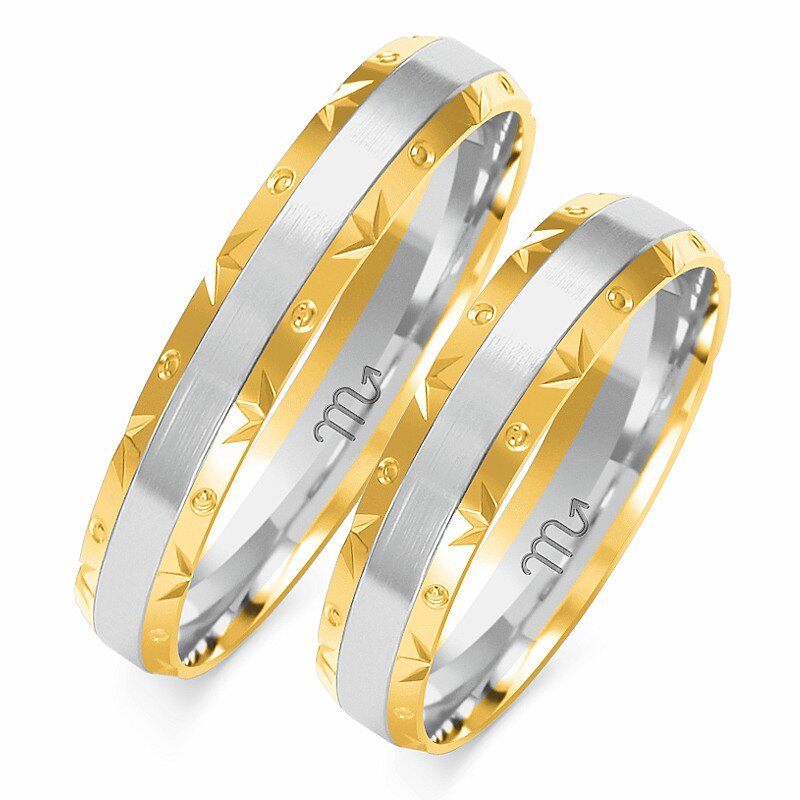 Matiniai vestuviniai žiedai su blizgiomis linijomis ir graviravimu