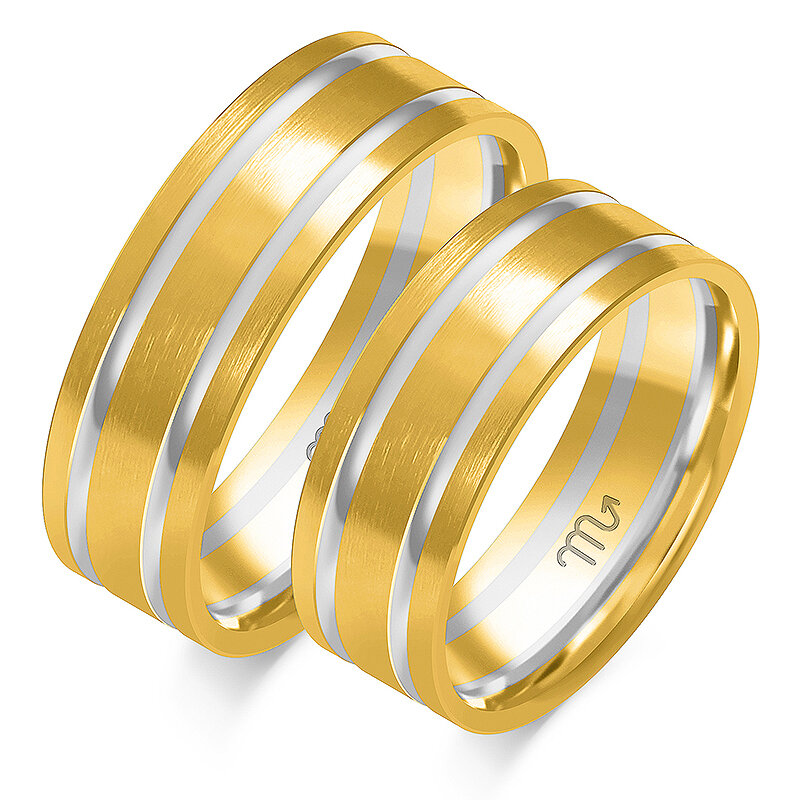Matiniai vestuviniai žiedai su blizgiomis linijomis