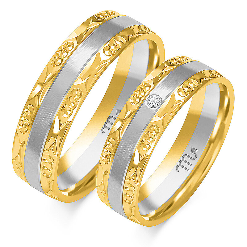 Matiniai vestuviniai žiedai su graviravimu ir akmeniu