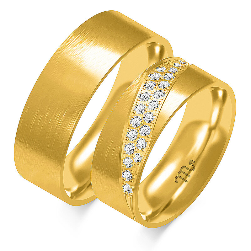 Matiniai vestuviniai žiedai su kalnų krištolais ir plokščiu profiliu