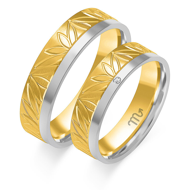 Matiniai vestuviniai žiedai su lapeliais ir akmenimis