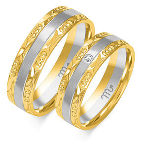 Matte wedding rings with engraving and stone