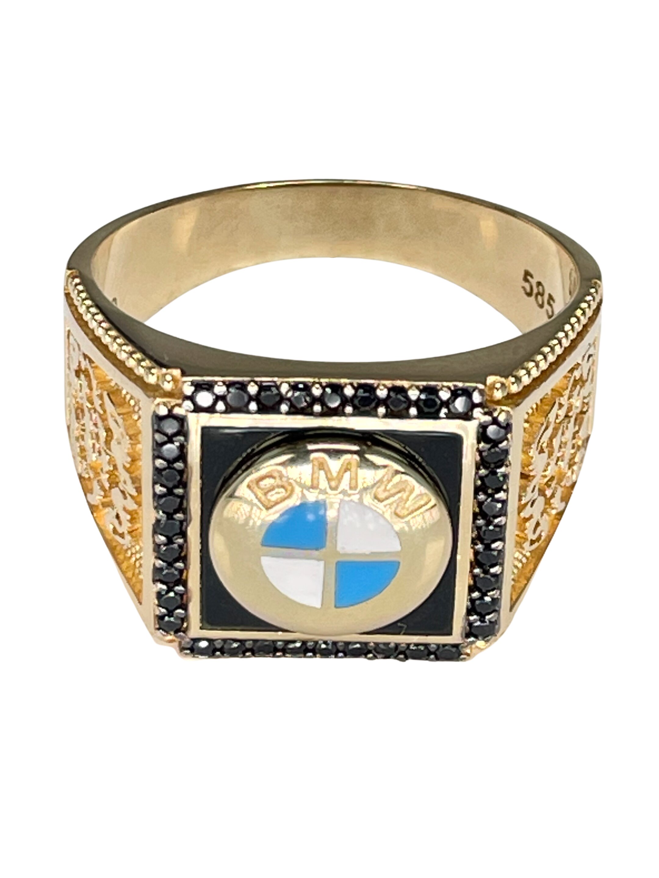 Pánský zlatý prsten s logem a černými zirkony