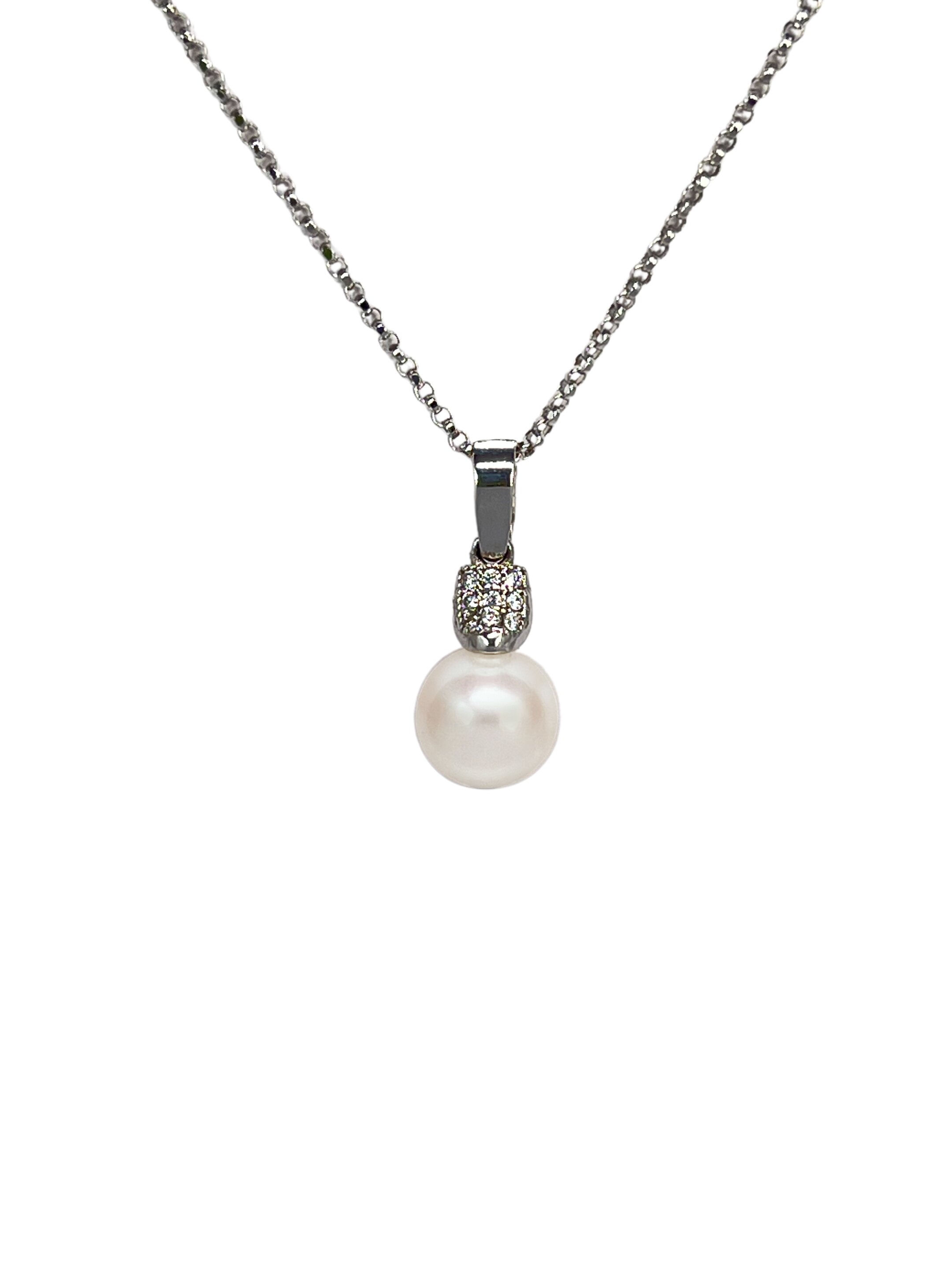 Pendente in oro bianco con zirconi e perla Ø 7,7mm