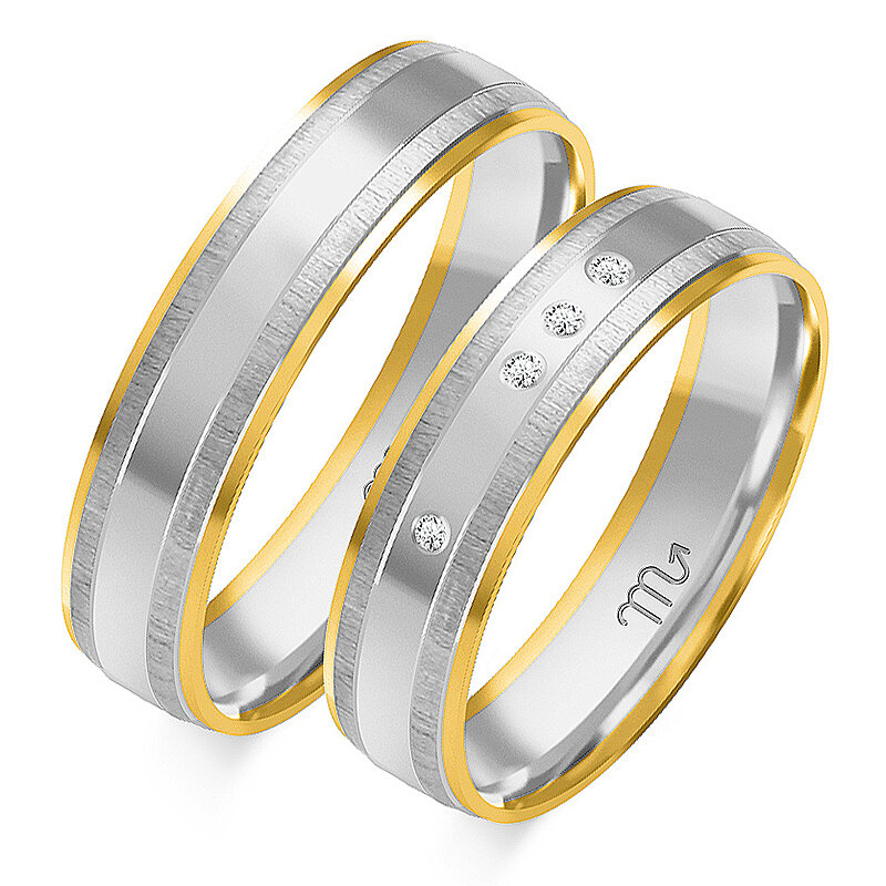 Poročni prstani s sijočimi in mat linijami z kamenčki