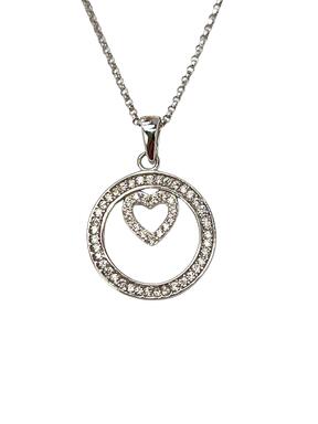 Round pendant made of white gold with a heart and zircons