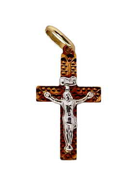 Rozā zelta zelta krusts ar Jēzu Kristu baltajā zeltā