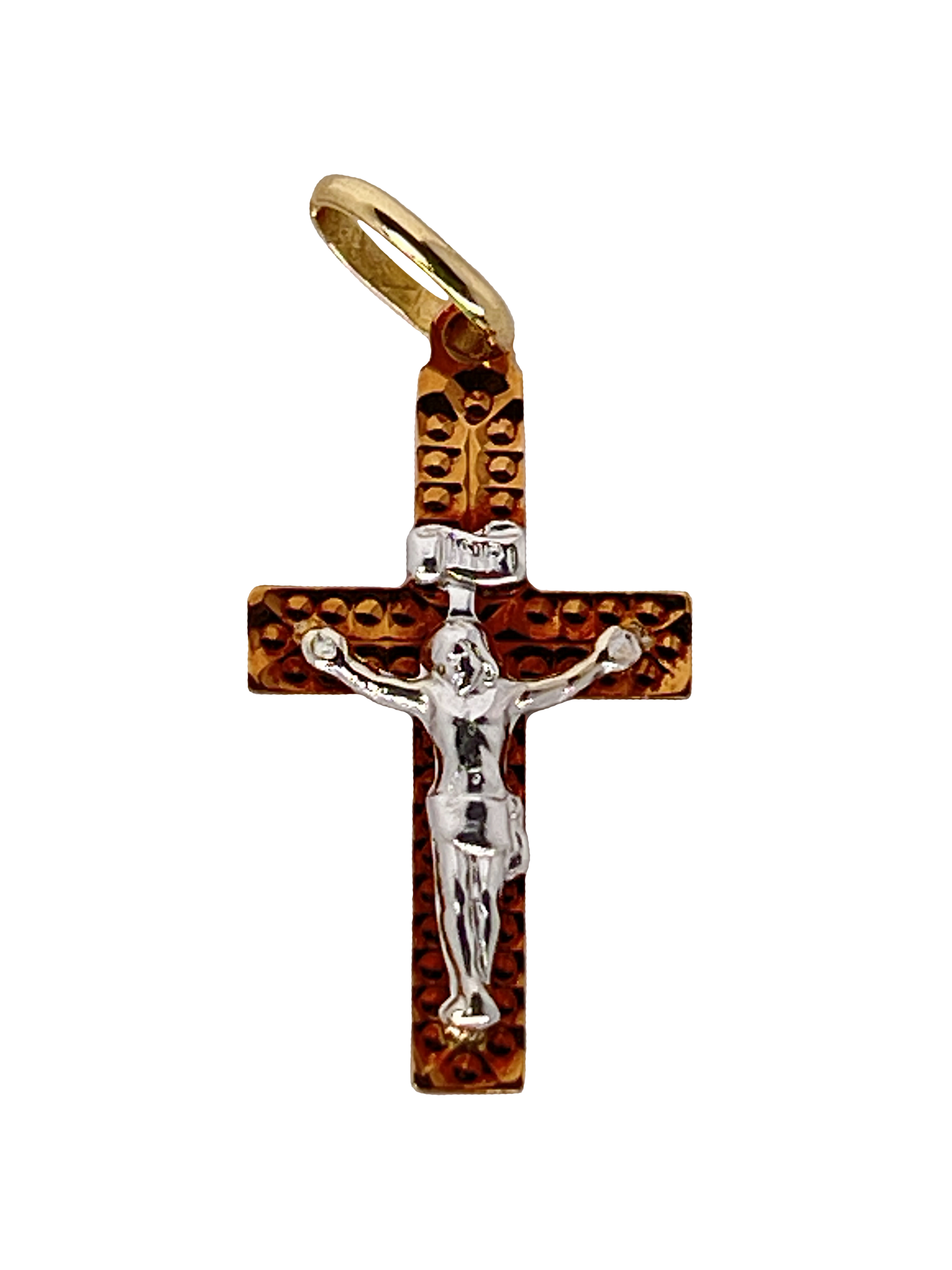 Rožinio aukso auksinis kryžius su Jėzumi Kristumi baltame aukse