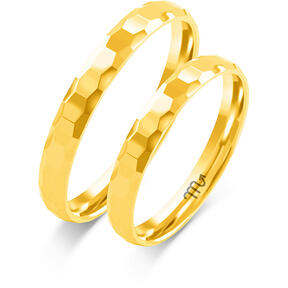 Shiny gold wedding rings with a semi-round profile