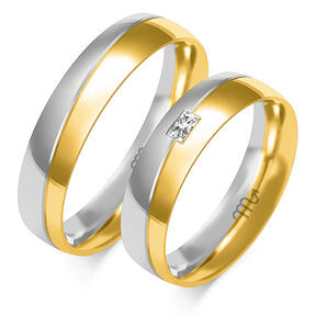 Shiny two-tone wedding rings with a stone