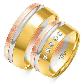 Shiny wedding rings with a matte line and five stones