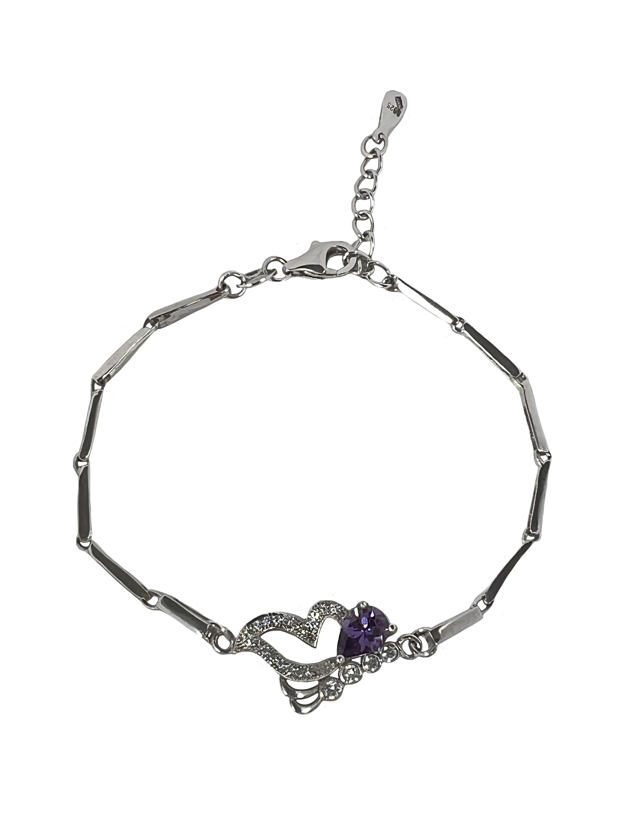 Silver bracelet with a butterfly and a purple stone
