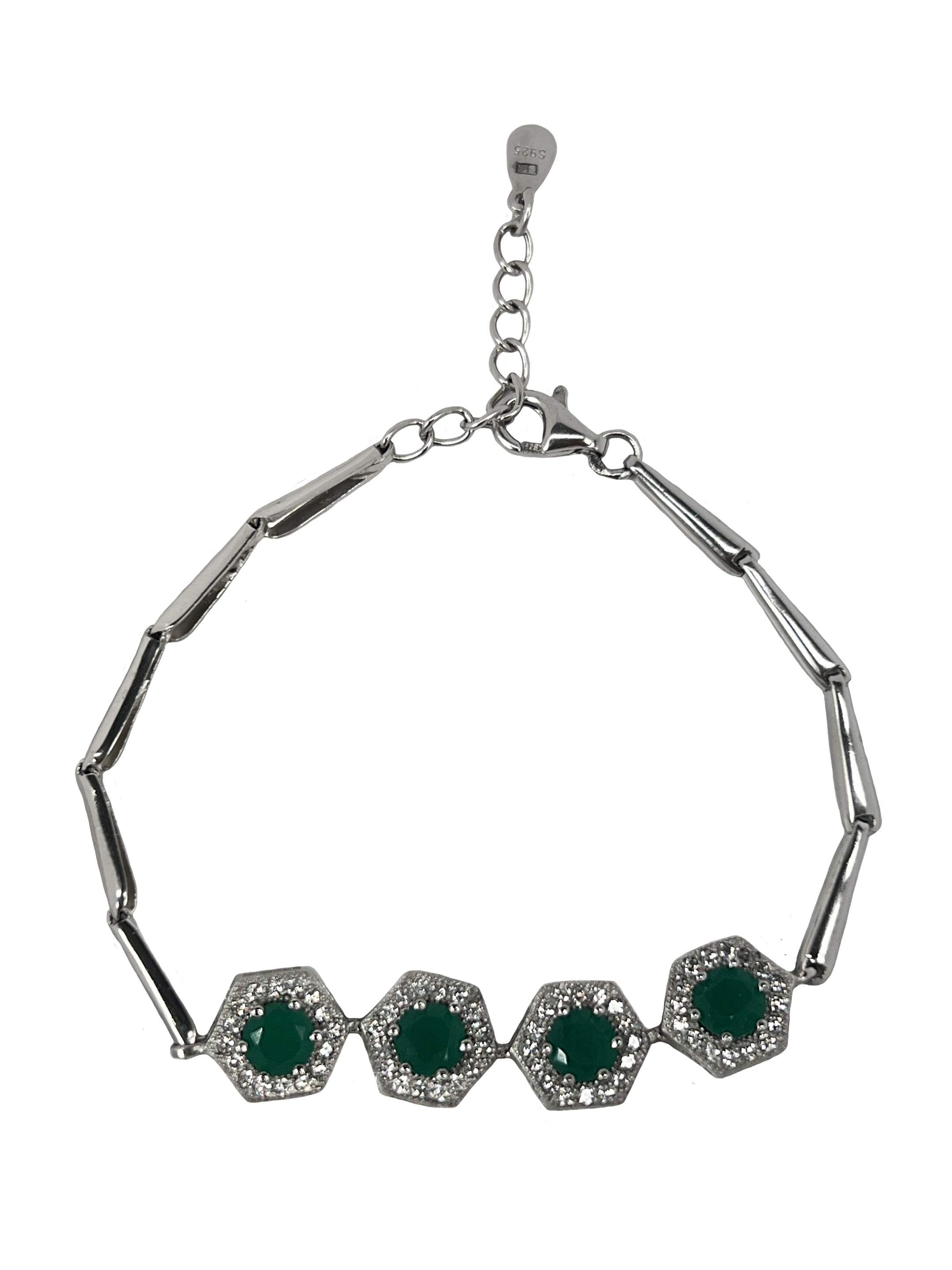 Silver bracelet with green crystals