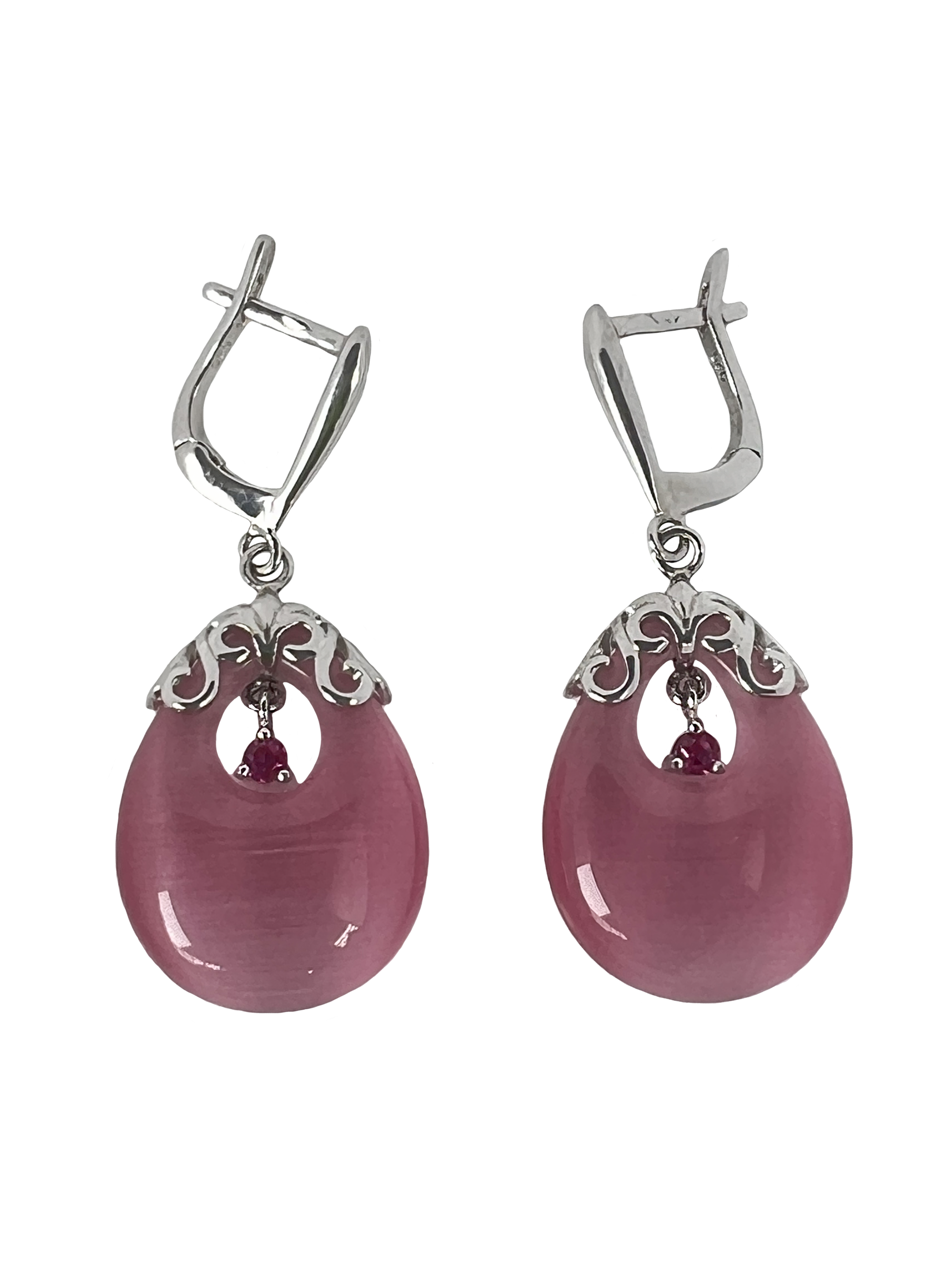 Silver dangling earrings with patterns and pink elements