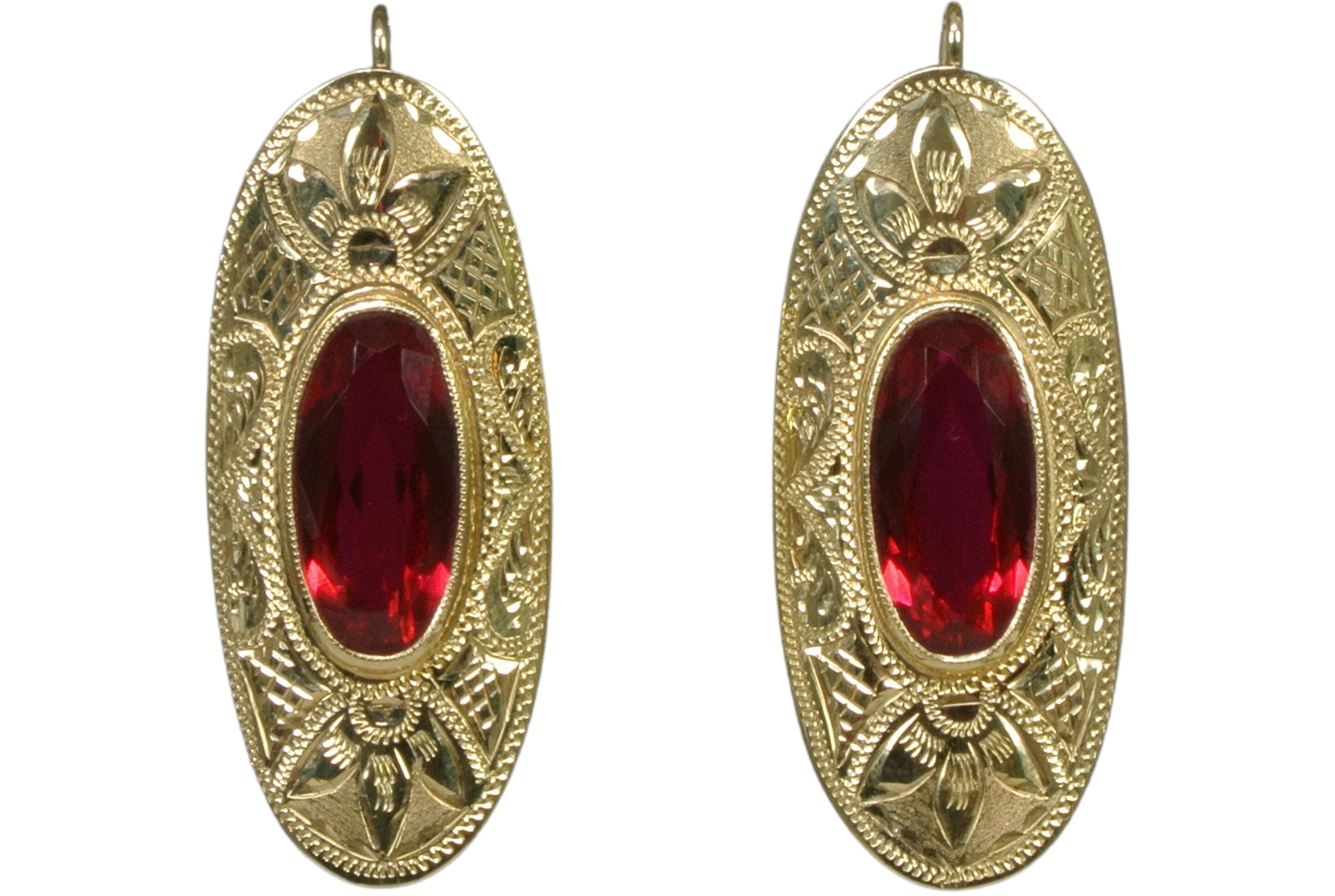 Solid gold earrings with red zircon and engraving