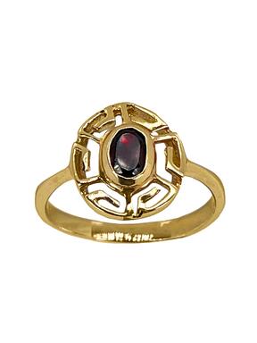 Spīdīgs zelta gredzens ar sarkanu cirkonu