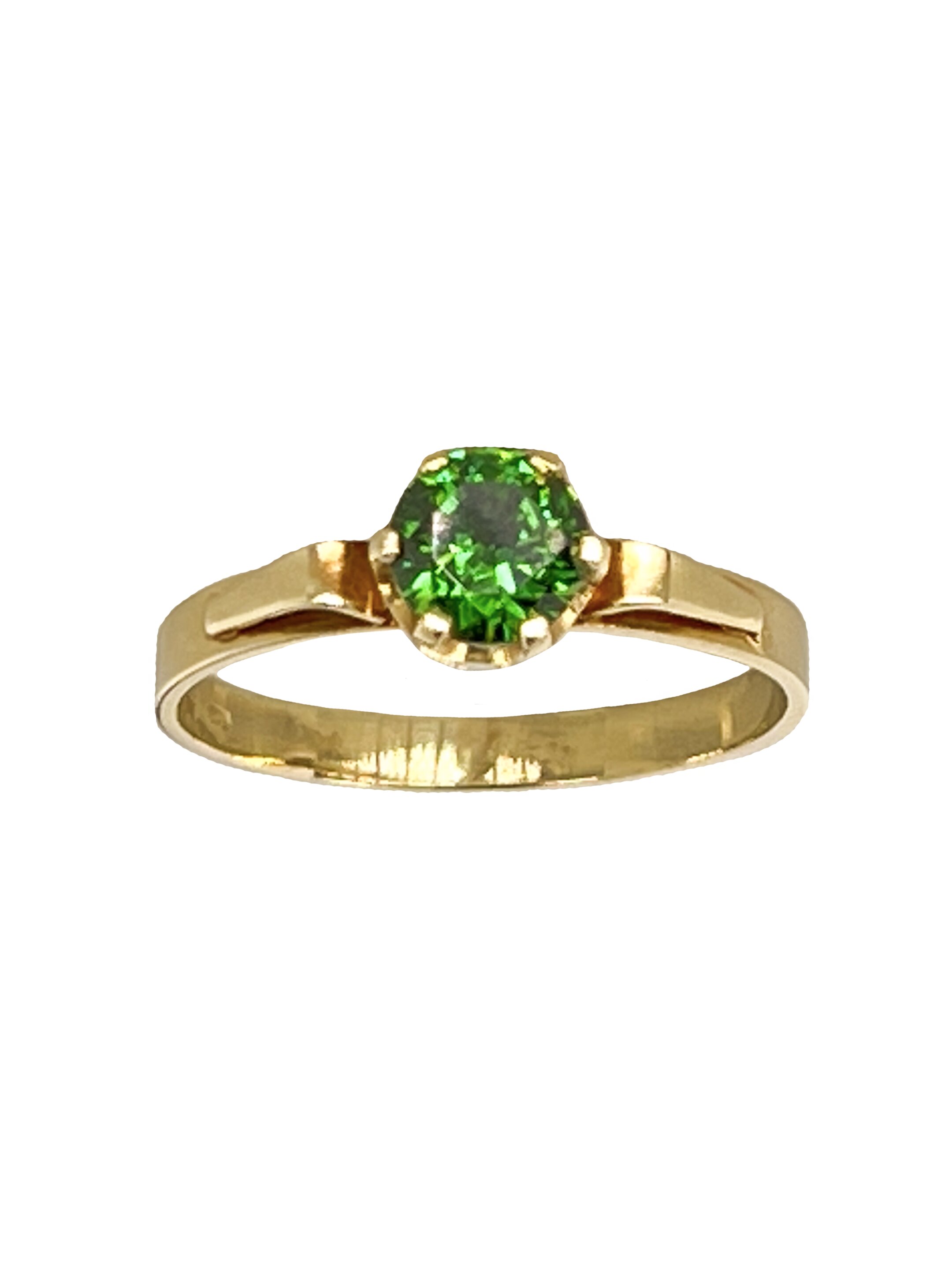 Spīdīgs zelta gredzens ar zaļu cirkonu