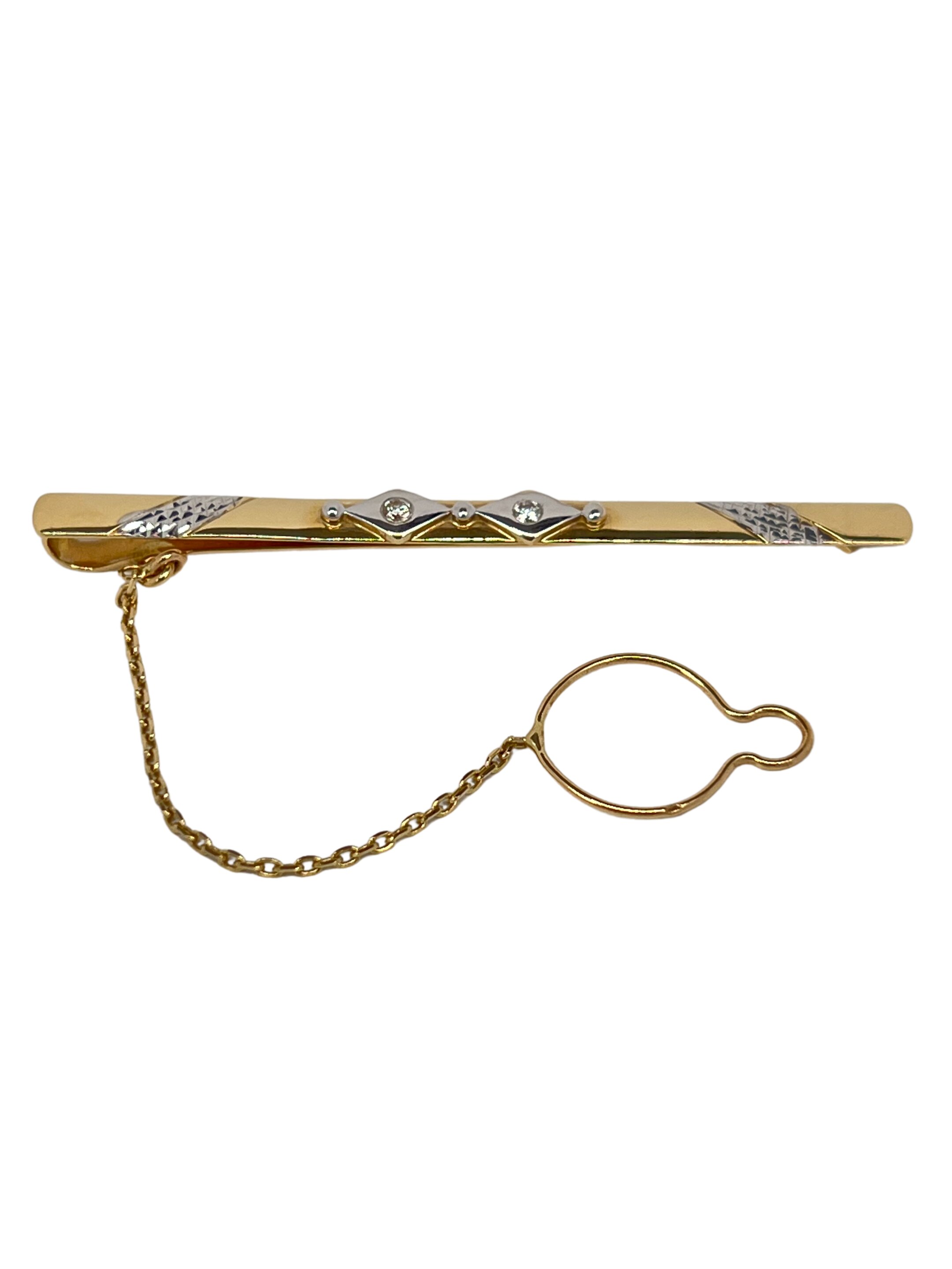Zlatá spona na kravatu z kombinovaného zlata so vzorom a zirkónmi