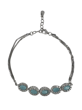 Srebrna bransoletka z turkusowymi kamieniami i kryształkami