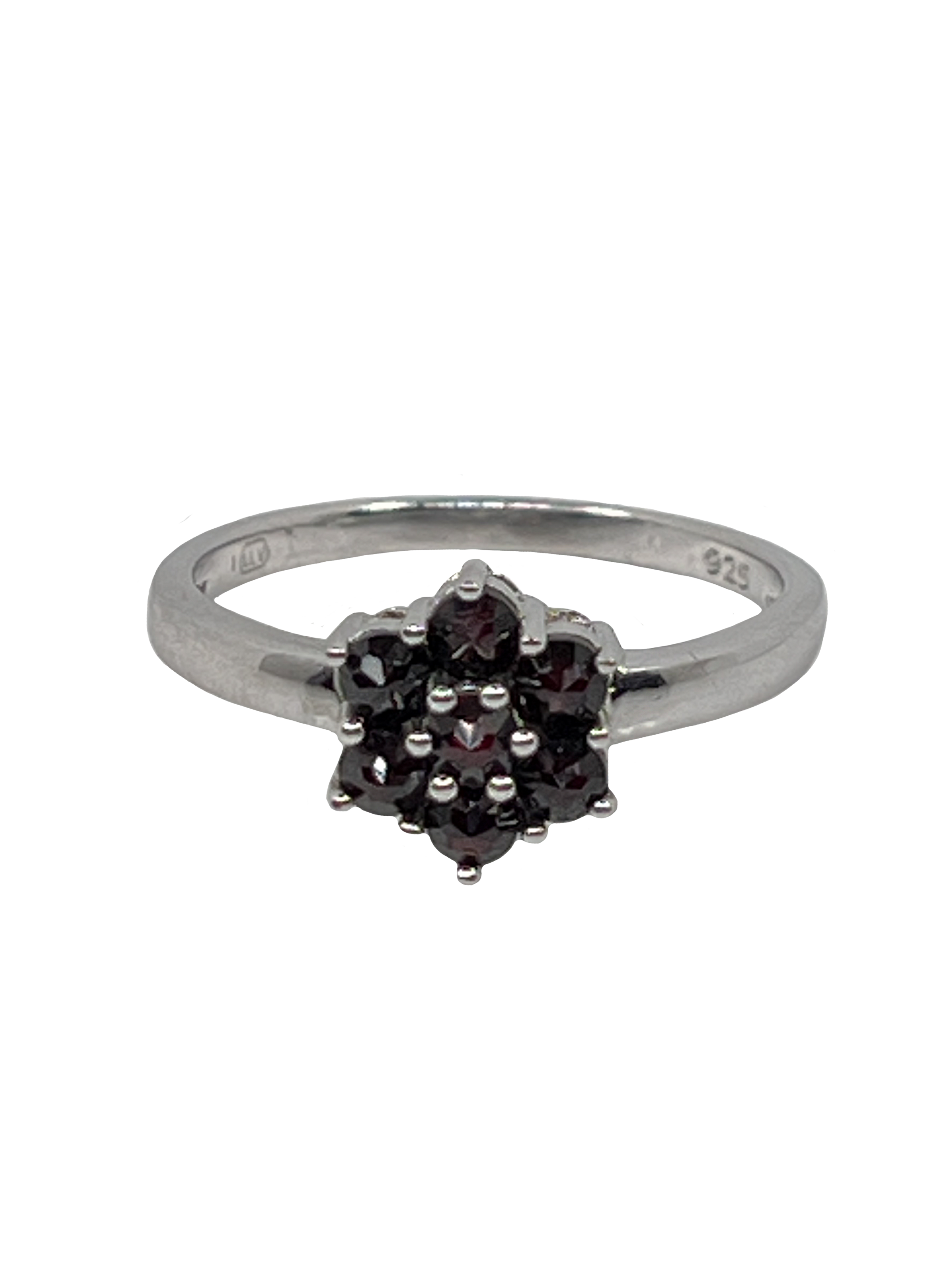 Stříbrný prsten květ s granáty